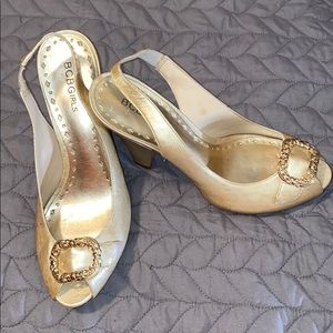 Vintage BCBGirls gold sling back heels